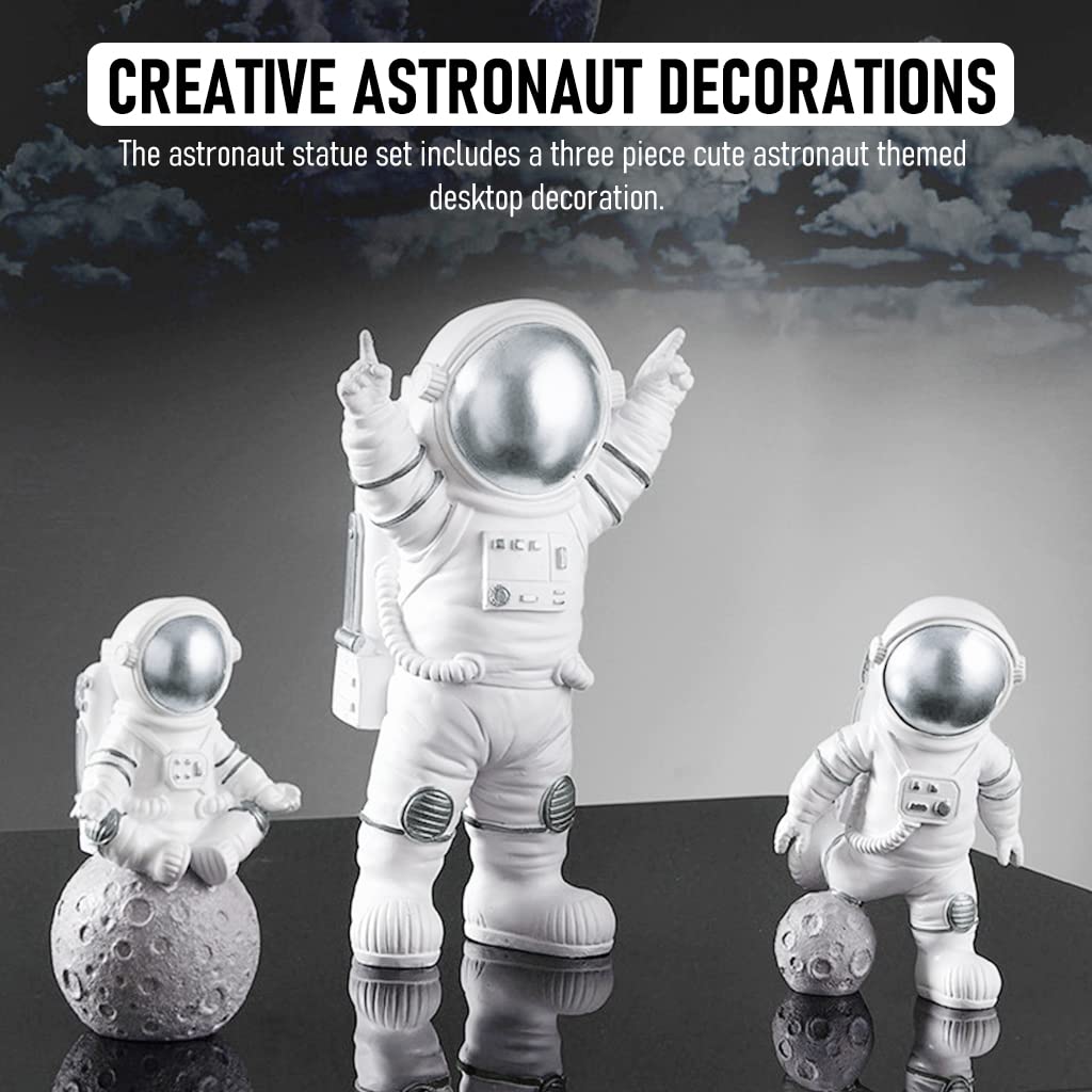 HASTHIP 3PCS Astronauts Figures Statues Decor, Ornaments Resin Outer Space Themed Decor, Spaceman Planet Sculpture for Desktop & Tabletop Decor, Gift for Space Lovers, Silver