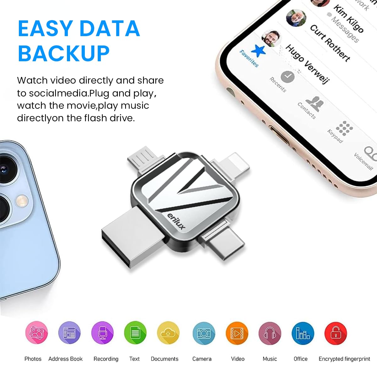 Verilux Pendrive 128GB 4 in 1 Flash Drive with Light-ning, Micro USB, USB A, Type-C Interface - High Speed Mini Hangable Pen Drive for iOS & Android, 128GB Storage Capacity - Premium Metal Texture