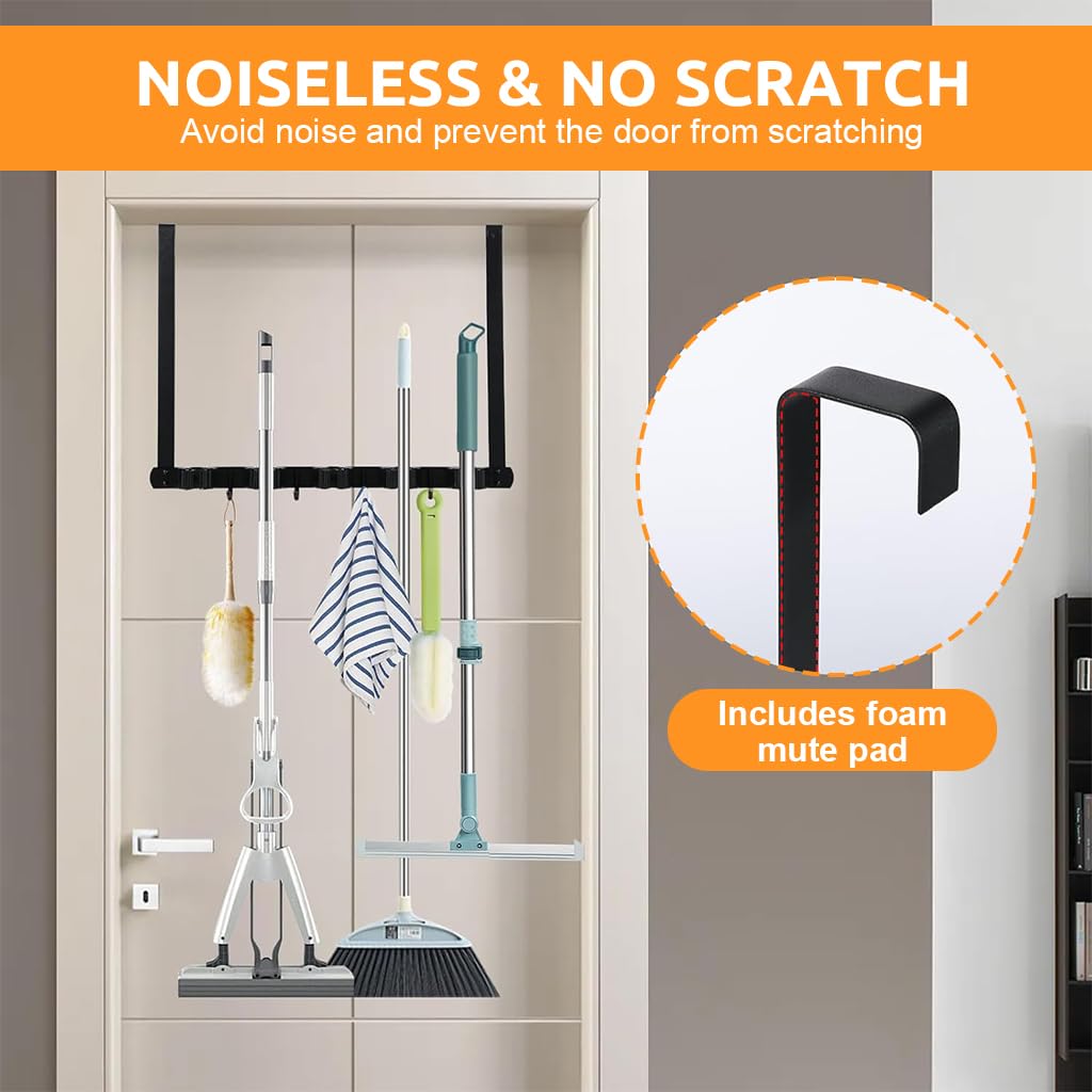 HASTHIP Stainless Steel Broom Holder Wall Mounted, 5-Slot Mop Organizer with 4 Hooks, Heavy Duty Multifunctional Rack Broom Mop Holder for Kitchen Bathroom Closet Garage Office Garden