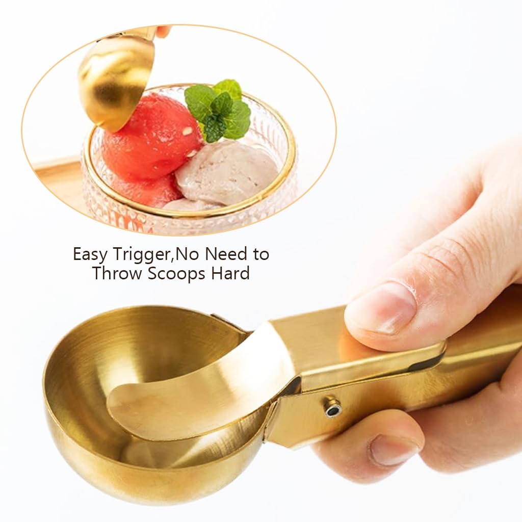 HASTHIP Kitchen Scoop Ice Cream Scoop with Trigger-Release Lever 7 inches Golden Stainless Steel Ice Cream Scoop Dishwasher Safe Multipurpose Kitchen Scoop for Ice Cream, Fruit, Dessert