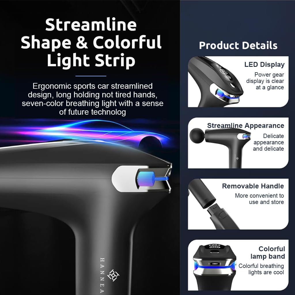 HANNEA Fascial Gun Cordless Electric Deep Muscle Stimulator with 4 Massager Attachment, 8 Intensity Levels Electric Massager Deep Muscle Relaxation Muscle Massager Travel Fascial Gun with Bag