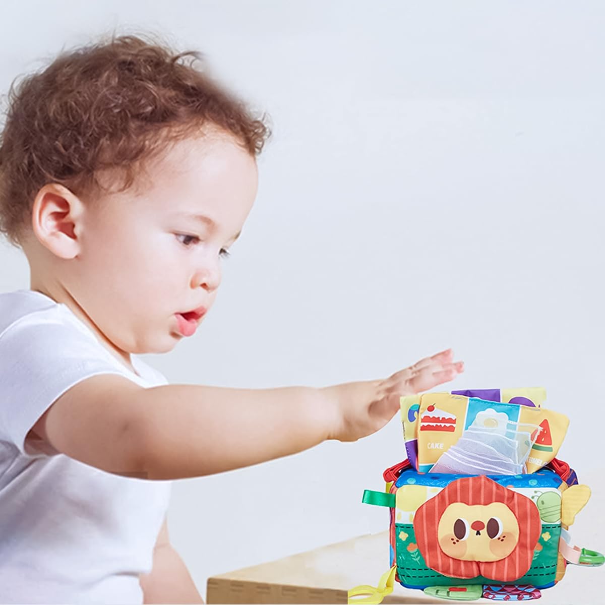PATPAT Baby Tissue Box Toy, Montessori Toy Sensory Toy Box Soft Stuffed Square Tissue Box Sensory Toy with Funny Mirror, Teether, Cradle Toy Soft Toys for Toddler Gift for Toddlers