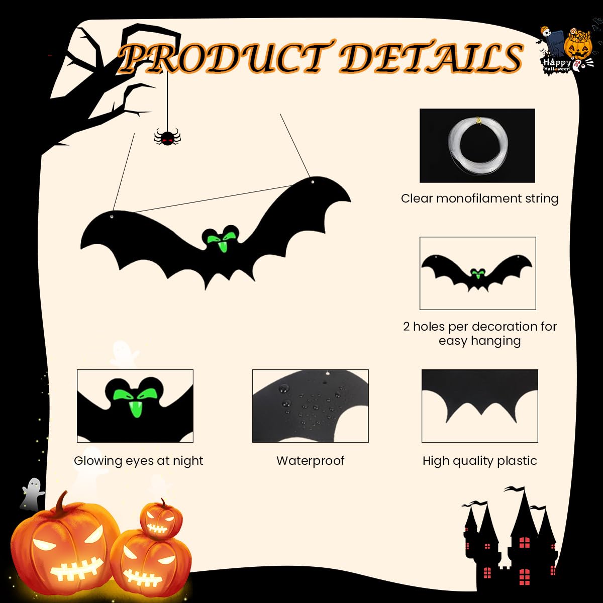HASTHIP 13Pcs Halloween Home Decorations PVC Black Bats Silhouette with Glow-in-the Dark Eyes Halloween Tree Hanging Decoration Halloween Garden Decor Wall Hangings