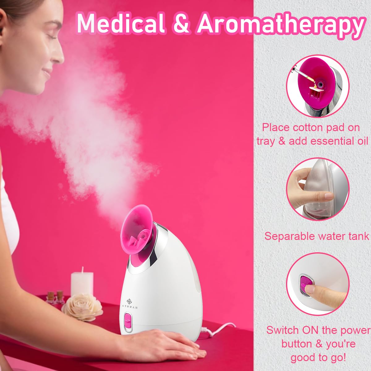 HANNEA Steamer for Cold & Cough, Vapourizer & Steamer for Face steam, Facial Steamer With Nano Ionic HotSteaming Technology, Fast Mist in 30sec, Aromatherapy Spa Humidifier for Deep Skin Hydration