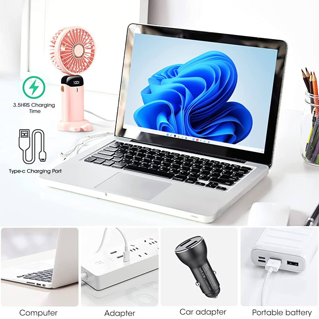 HASTHIP Hand Fan for Women, Mini Small Portable Fan with USB Charging, 5 Speeds Fan with Lanyard, Fragrance Sheet and Base, Built-in 3000mAh Battery, Foldable 90°, LED Battery Level Display (Pink)