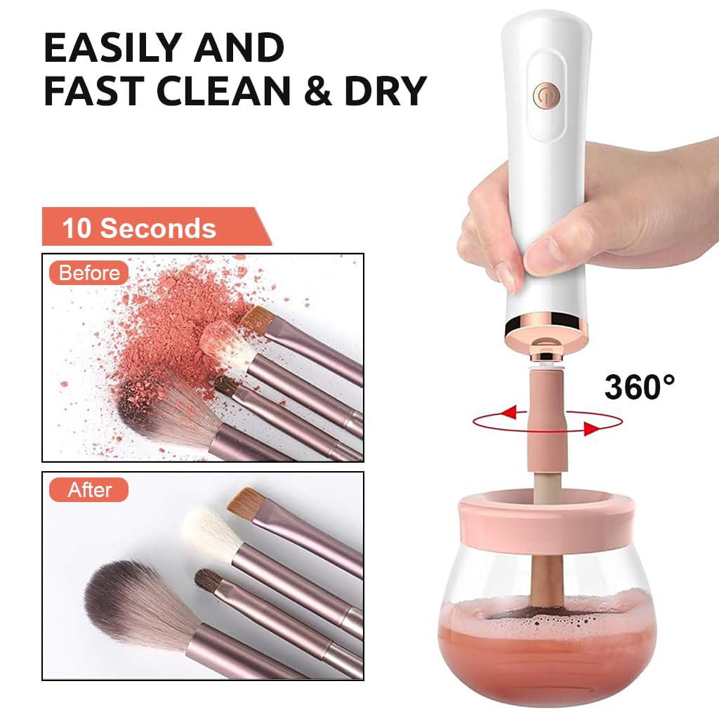 MAYCREATE 2-in-1 Upgraded Makeup Brush Cleaner and Dryer Machine, Electric Cosmetic Automatic Brush Spinner with 8 Size Rubber Collars, Wash and Dry in Seconds, Fit for All Size Brushes (Pink A)