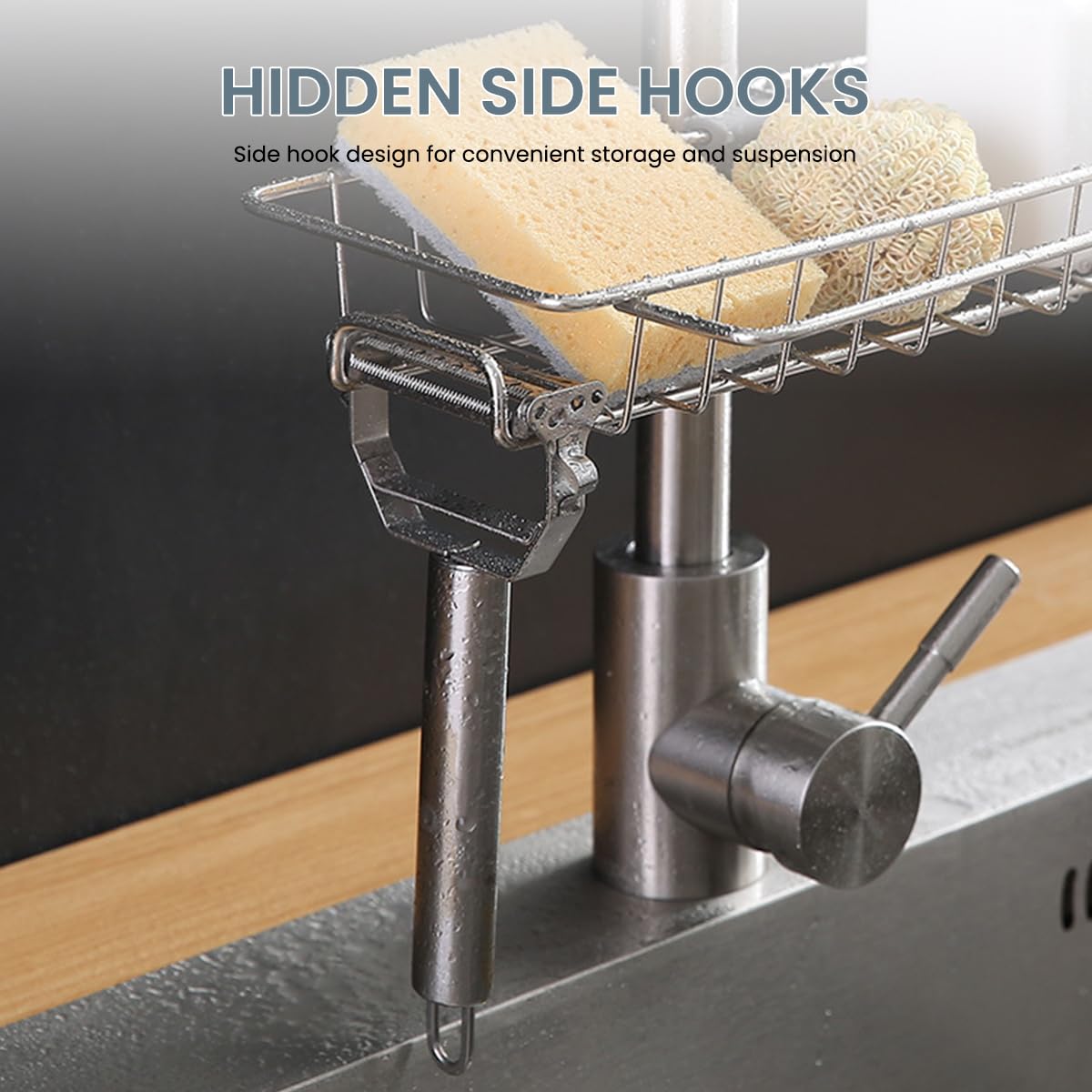 Supvox Kitchen Sink Caddy Organizer, Sponge Holder Over Faucet Stainless Steel Detachable Hanging Faucet Drain Rack for Kitchen Bathroom, Scrubbers, Soap (Large Size, 15x17cm)
