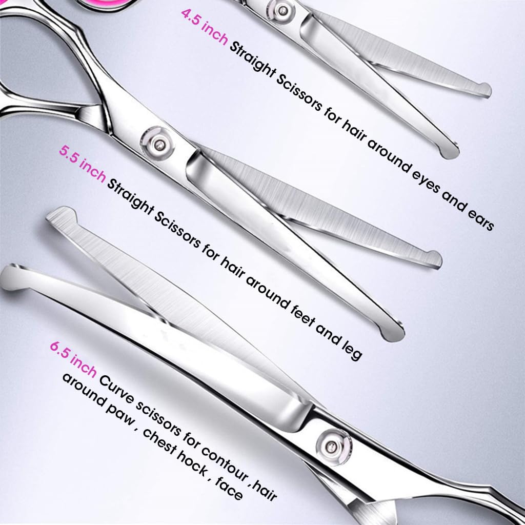 Qpets Dog Grooming Kit 5 Pack, Stainless Steel Dog Trimmer Kit, Pet Grooming Scissors Set with Grooming Comb, Cutting Scissors Thinning Shear Curved Scissors, Grooming Hair for Small Large Dog Cat