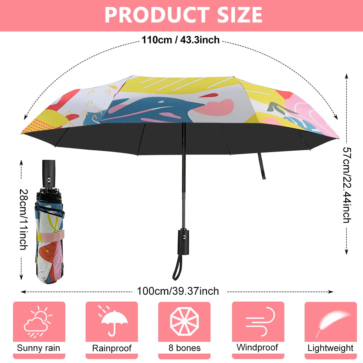 PALAY Umbrella for Women, Automatic Folding Travel Umbrella Windproof Strong 8 Ribs UV Protection Printed Design Umbrella for Ladies, Girls and Women