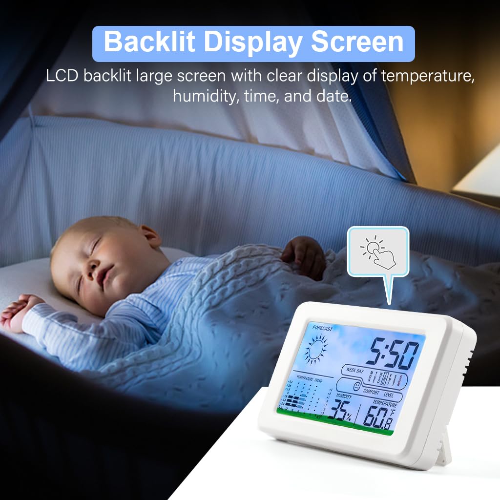 HASTHIP LCD Digital Thermometer Hygrometer Backlight LCD Digital Temperature Battery Operated Hygrometer with Weather Stataion, Alarm Clock, Desk Thermometer Hygrometer for Home, Office