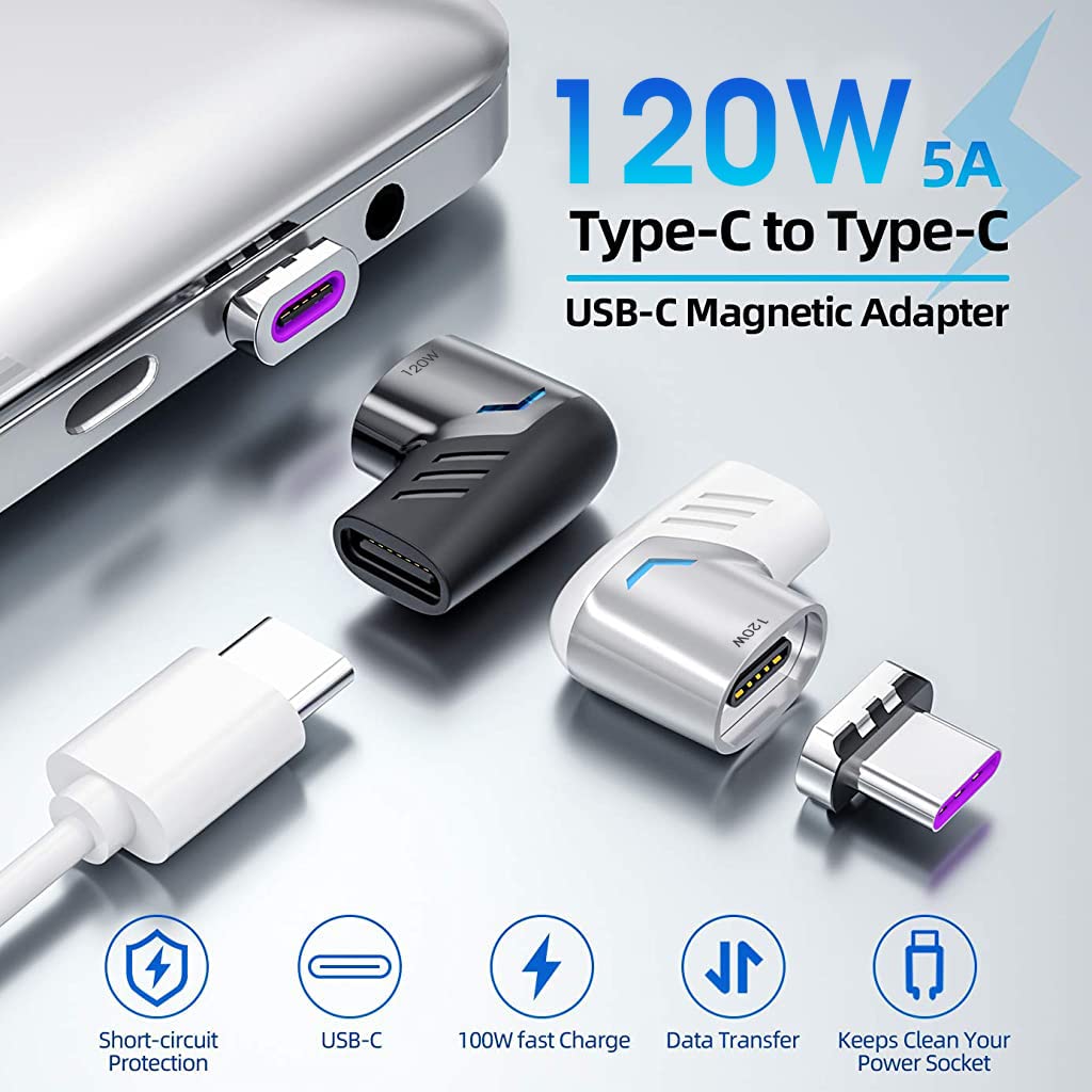 Verilux Type C Adapter Right Angle Magnetic 90 Degree USB C Adapter Type C Connector with PD 120W Fast Charge, 480Mbps Data Transfer for MacBook Pro/Air and USB C Smartphone, Laptop, Tablet White
