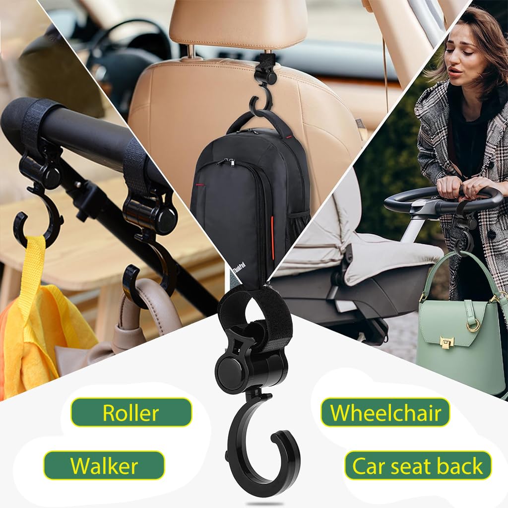 SNOWIE SOFT 2Pcs Hanging Hook for Stroller Hanging Hook 360° Rotatable Pram Clip with Adjustable Closure Design Versatile Hanging Hookfor Stroller, Bike, Pram, Pushchair, Electric Bicycle