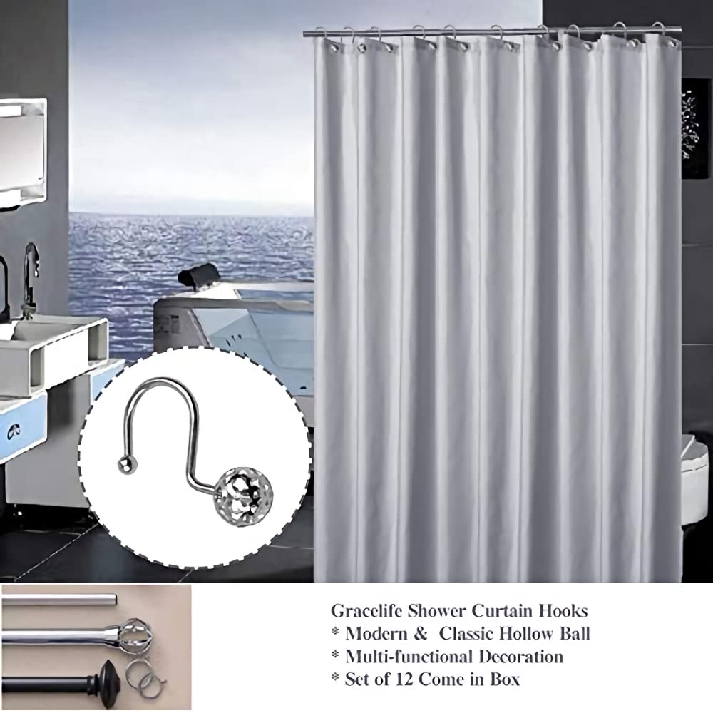 HASTHIP 12 Pack Silver Shower Curtain Hooks Rings, Metal Rustproof Shower Hangers Rings, Household Shower Curtain Hooks for Bathroom Curtains Rods Hollow Ball Design