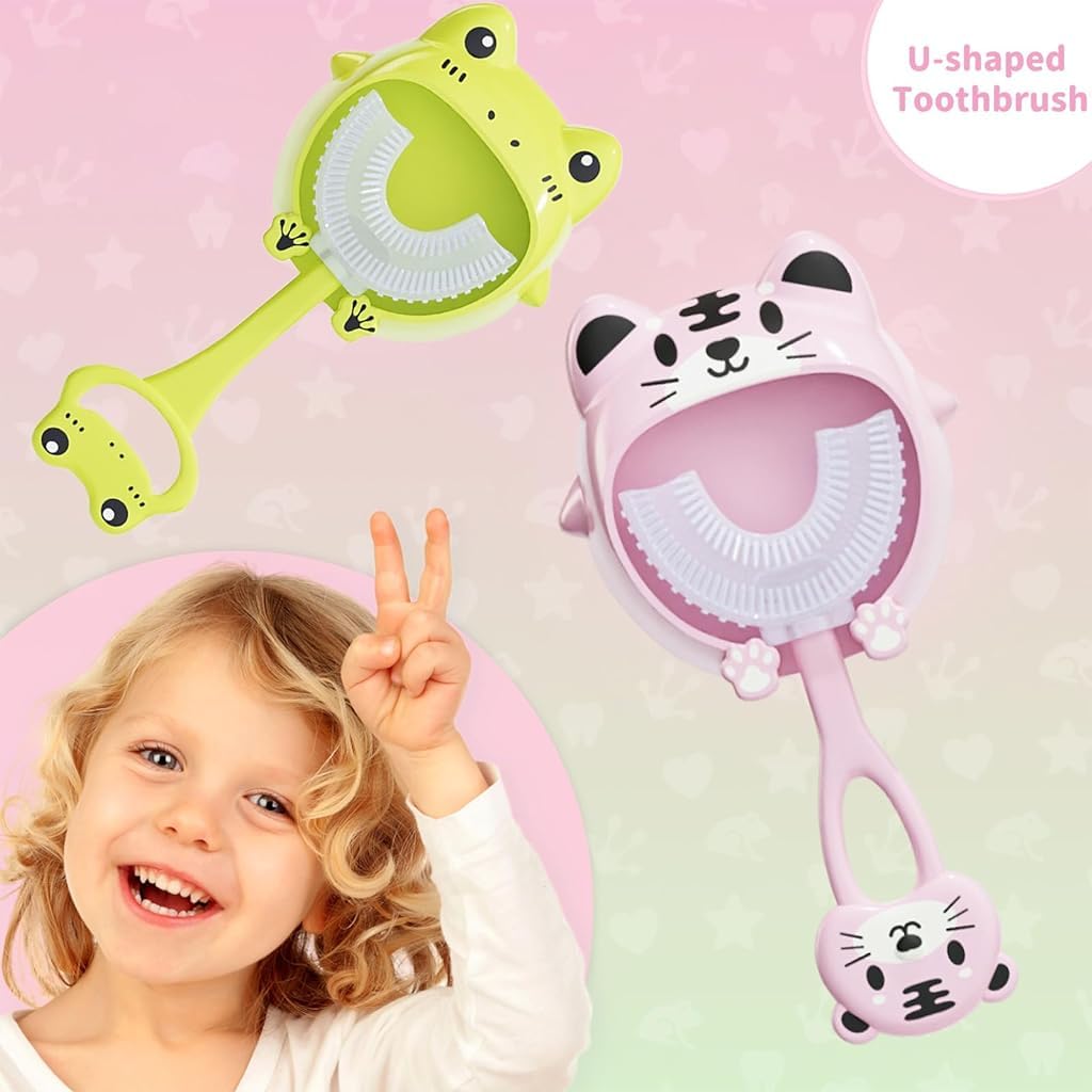 HANNEA 2Pcs Kids Toothbrush U-Shaped Kids Toothbrush for 3-6 Years Old 360° Teeth Cleaning Soft Silicone Bristles Design Toothbrush Dental Care Toothbrush Cartoon Toothbrush with Wall Holder