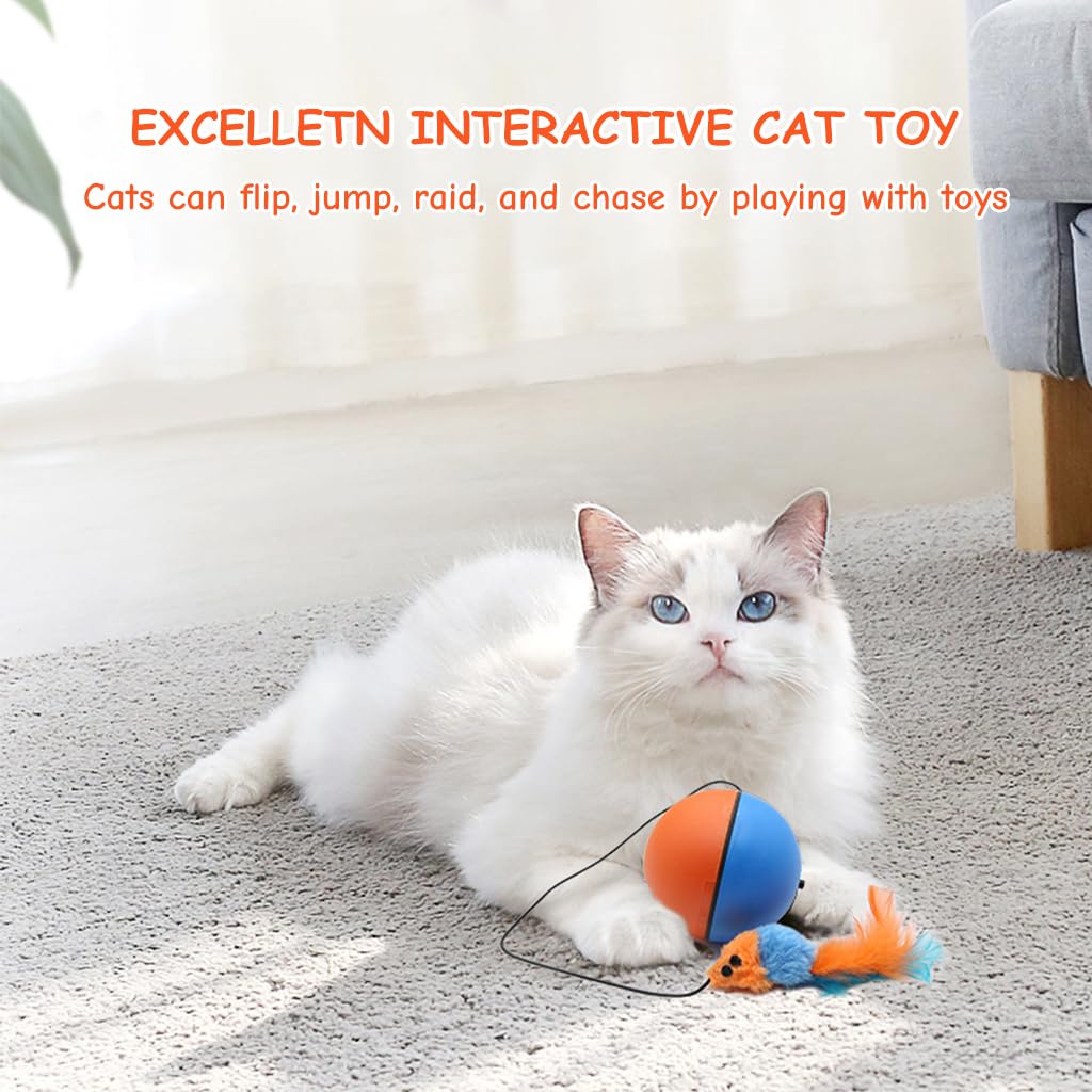 Qpets Cat Ball Toy, Cats Teasing Toy Ball Cat Chasing Chew Ball Toy with Feather Tail, Electric Random Turn Grinding Toy Indoor Self-Entertainment Cat Toy(Not Included Battery)