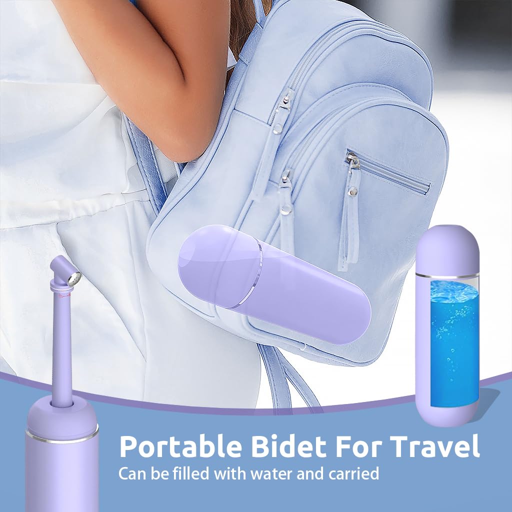 HANNEA Travel Bidet 380ml Portable Travel Bidet with Lid Sanitary Rinse Bottle with Retractable Spray Nozzle Leaking Proof Travel Bidet for Women, Personal Handheld Sanitary Bidet(Purple)