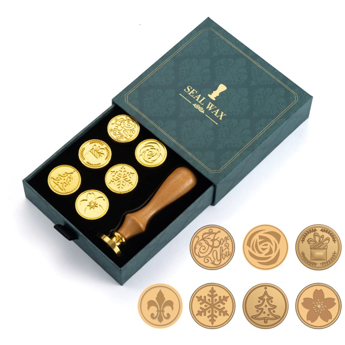 HASTHIP 7Pcs Sealing Wax Stamps Kit Gift Box Set,Copper Seals plus 1 Wooden Wax Seal Stamp Handle for Cards Envelopes and Gift Packaging