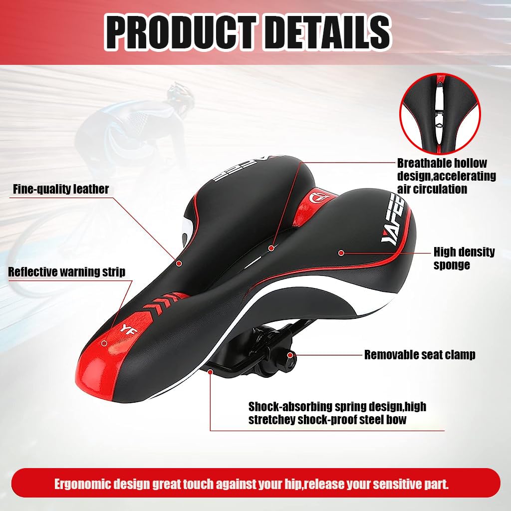 Optifit Cycle Seat with Red Reflective Safety Strip, Universal Memory Foam Bicycle Seat Waterproof Breathable Shock Absorbing Bike Saddle for Bike Mountain Bike