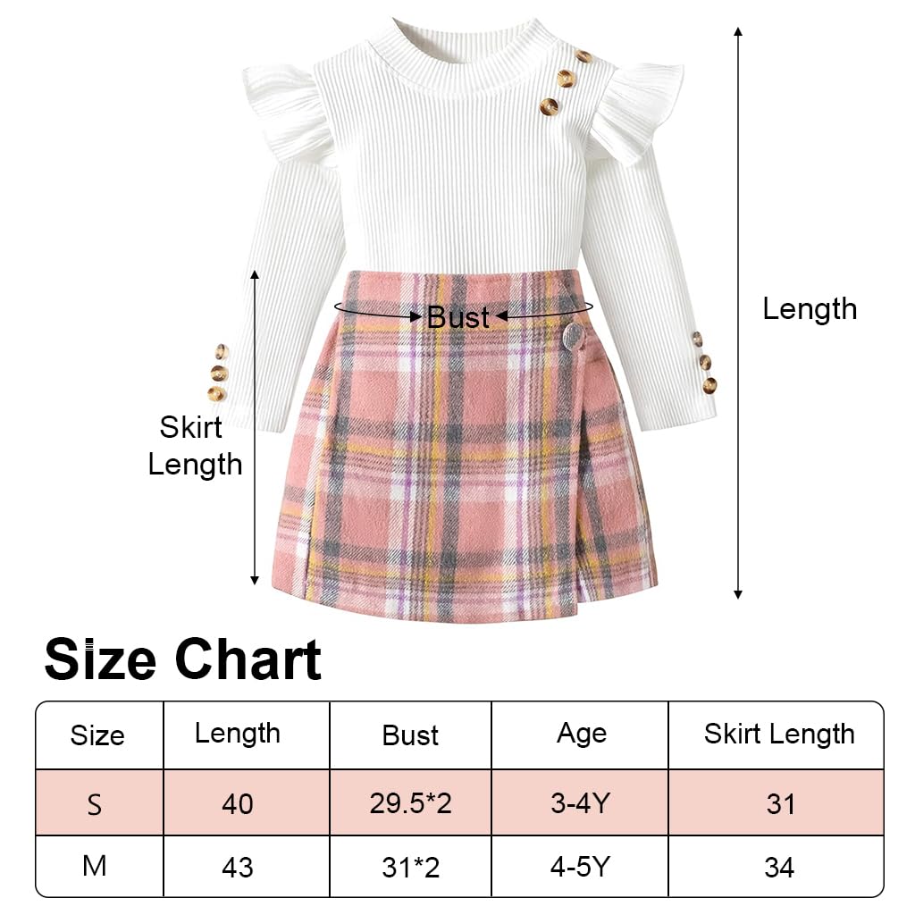 PALAY Baby Toddler Girl Clothes Kit Girls Set of 2Pcs Top and Shorts Long Sleeve Ruffle Shirt Base Top and Plaid Skirt Shorts for Girls 4-5 Years Old, Size 120cm