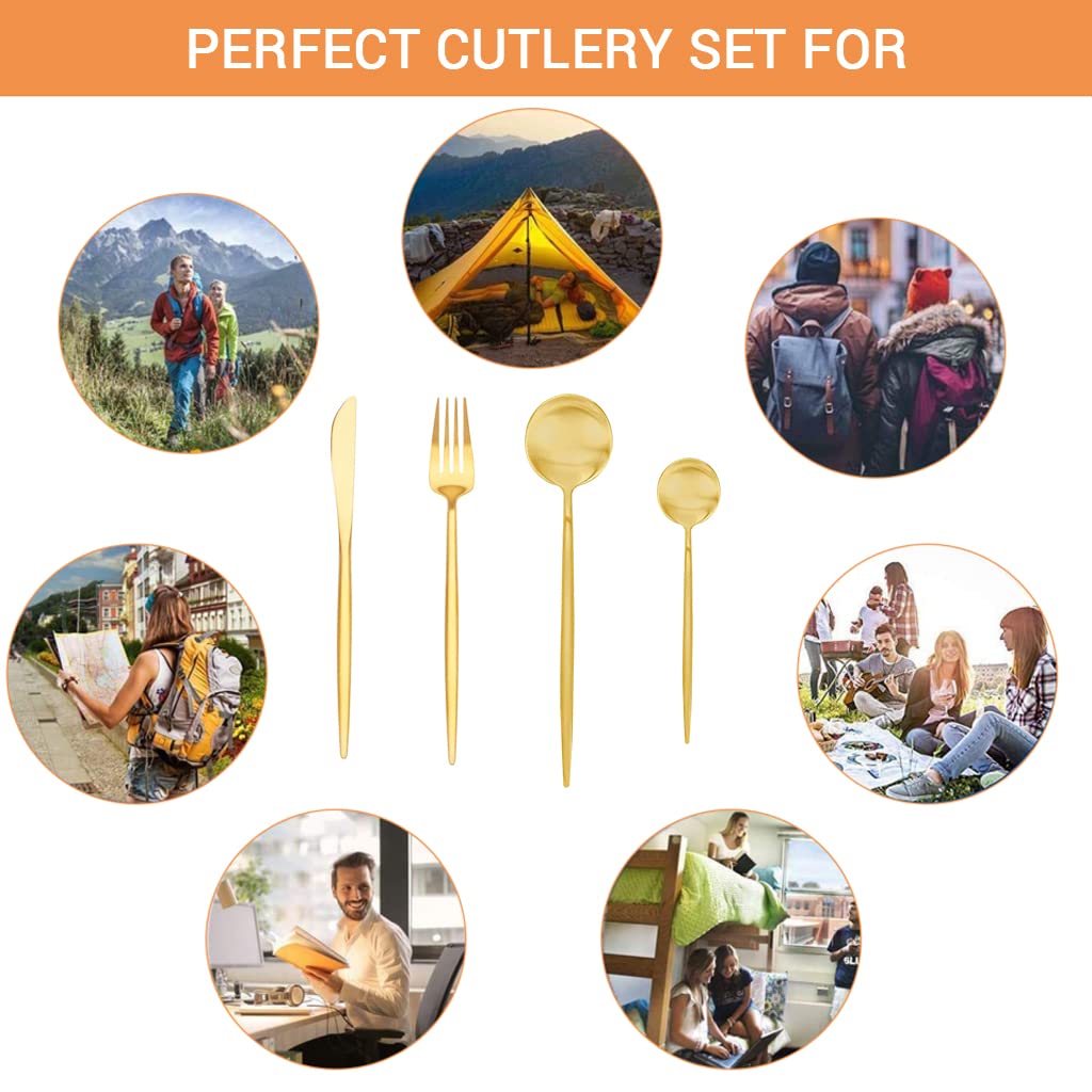 HASTHIP Premium Gold Stainless Steel Fork Spoon Coffee Spoon 4 Piece Set, Spoon Fork Outdoor Gift Set, Flatware with Gift Box Dinnerware Cutlery Set Tableware Set (Gold)