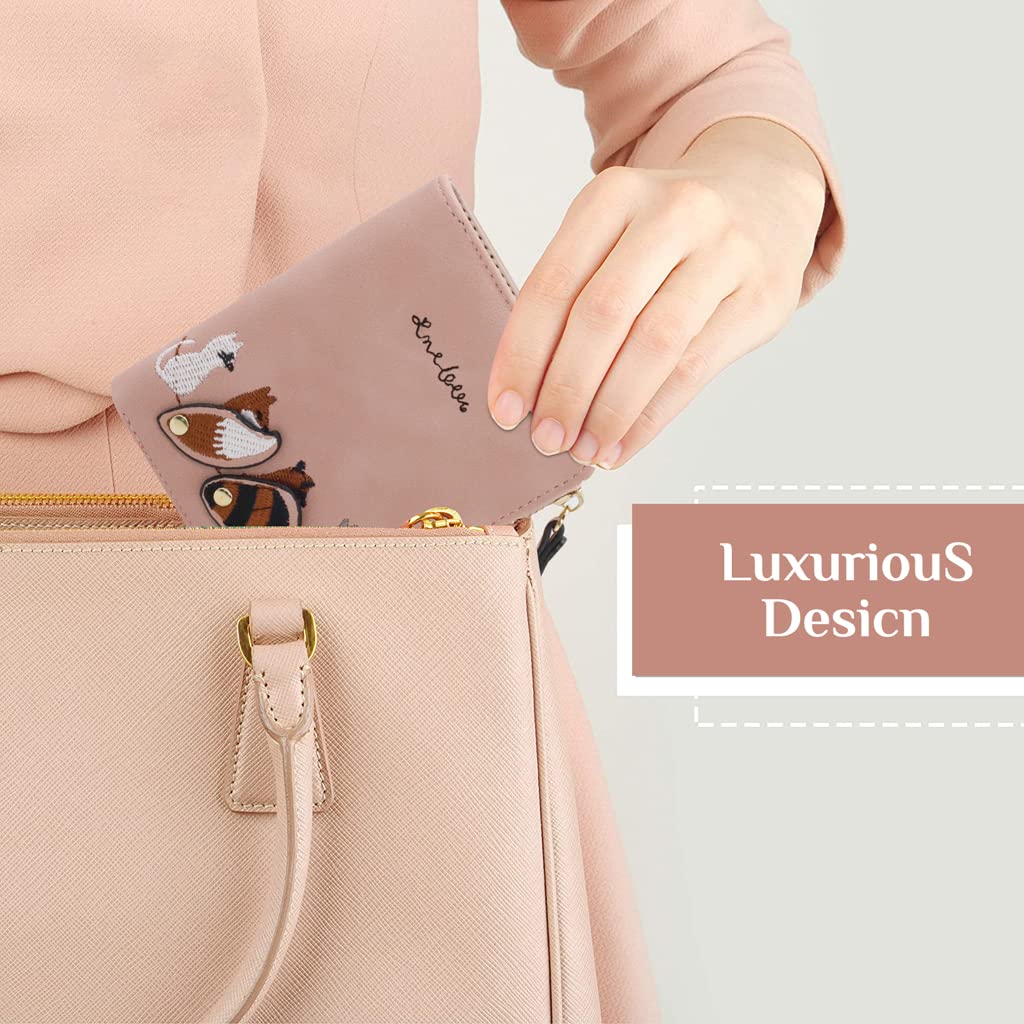 PALAY Wallets for Women Stylish PU Leather Coins Zipper Pocket Cute Mini Animals Embroidery Short Wallet Card Holder Billfold Purse Wallet Gift for Girls (Pink)