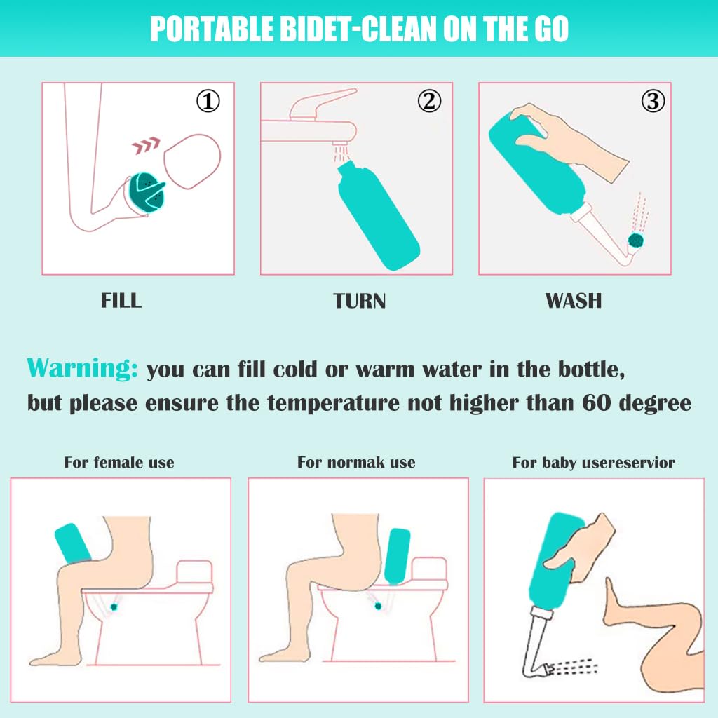 HANNEA 2 set 500ml Portable Jet Sprays with Bag/2 Nozzles for Toilet Retractable Handheld Travel Portable Bidet, Travel Essentials, Toilet Postpartum Perineal Clean Childbirth Cleaner-(Pink+Green)