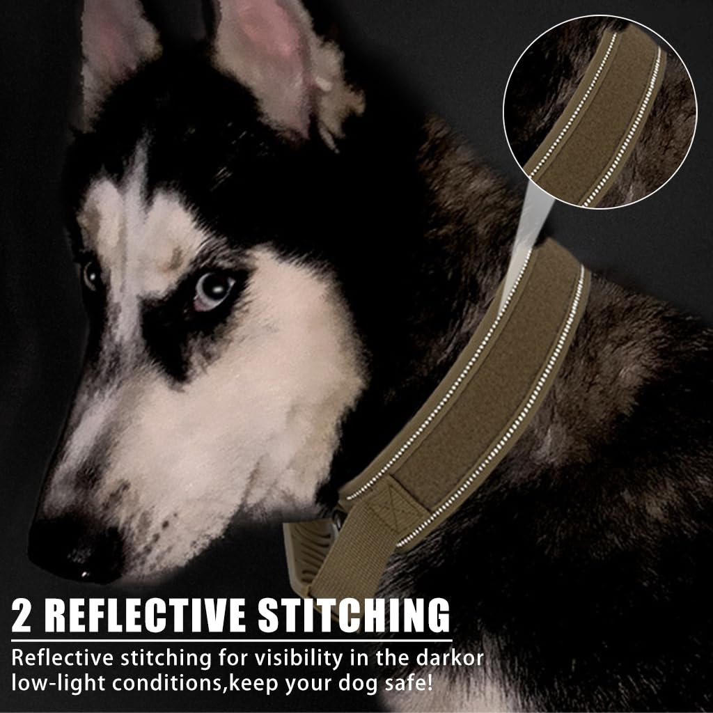 Qpets Dog Collar Nylon Tactical Dog Collar with D Ring & Handle Adjustable Dog Collar with Reflective Safety Strip Dog Training Collar for Medium Large Dogs(XL, 20''-25.5'')