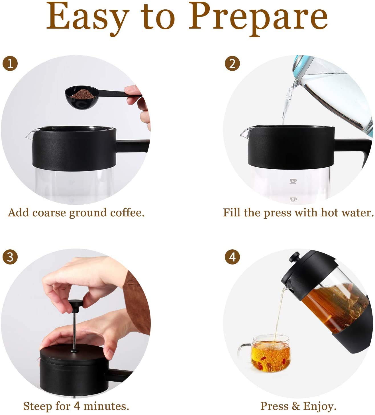 HASTHIP French Press Coffee Maker 600ML 3 Part Superior Filtration German Heat-Resistant Borosilicate Glass Coffee Maker with 304 Stainless Steel Rust-Free Dishwasher Safe