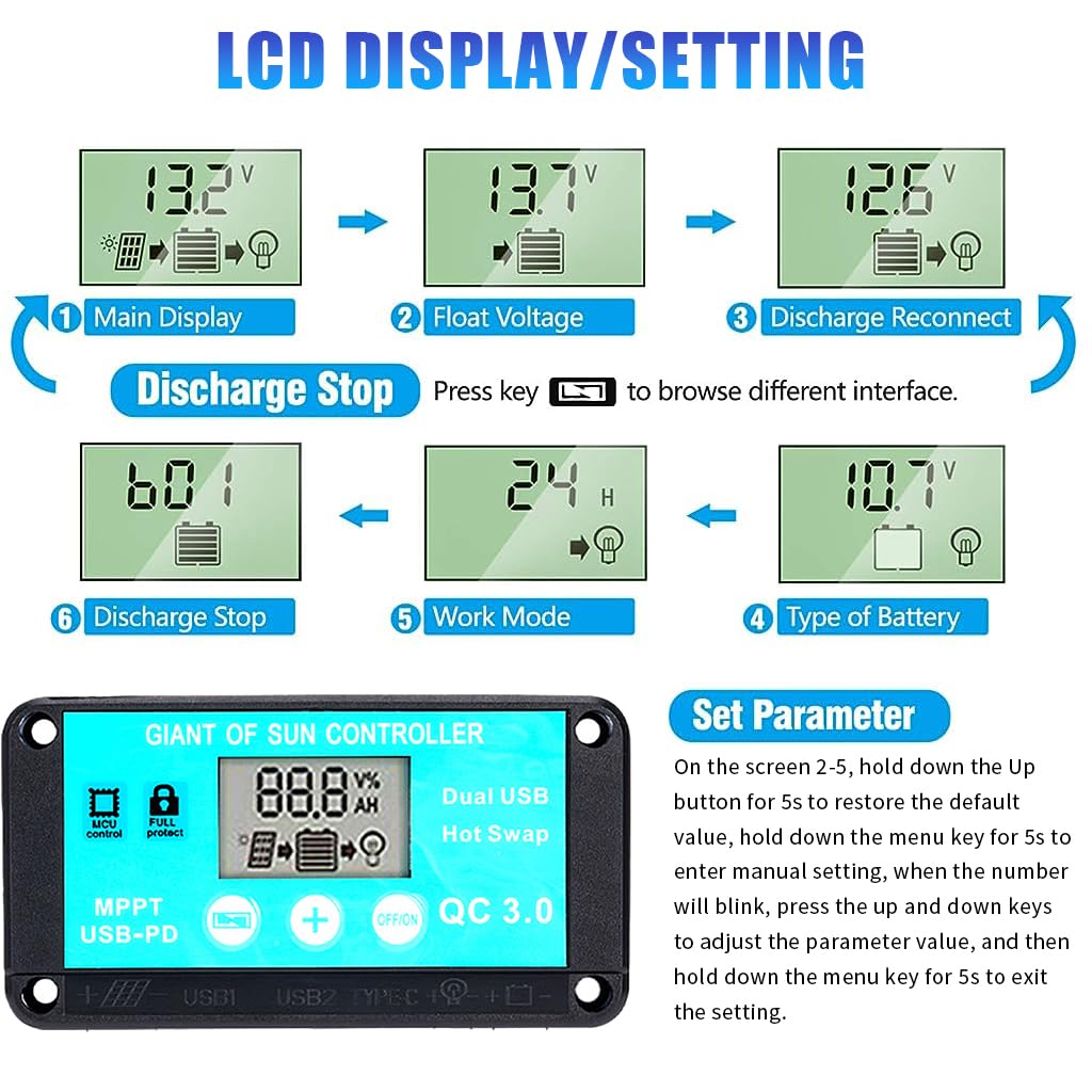ELEPHANTBOAT Solar Charge Controller 10A 12V/ 24V Solar Charge Controller, Solar Panel Regulator with Dual USB Ports, LCD Display, Support Timer Function