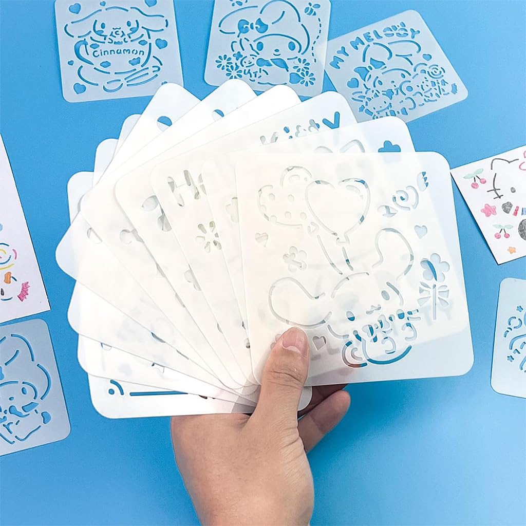 HASTHIP 16Pcs Cartoon Painting Stencils Sanrio Character Cut-Out Painting Stencils 5x5 Inches Reusable PET Painting Stencils for Wooden Crafts Spray Painting Stencils Assorted Decorative Templets