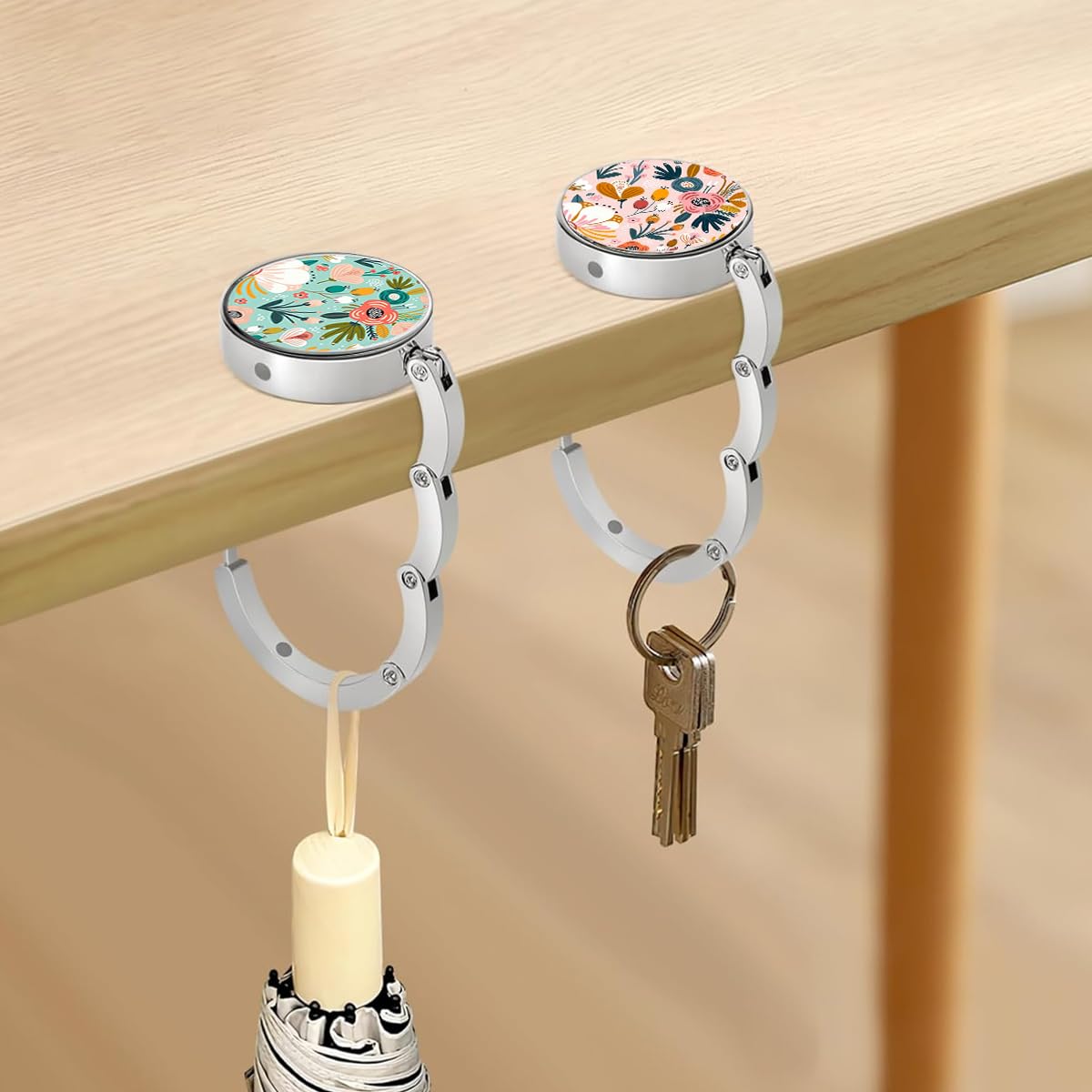 HASTHIP 3Pcs Desk Bag Hanger Pretty Floral Design Metal Bag Hanger Portable Folding Bag Ring Hanger for Table, Office Desk Aluminum Alloy Removable Hooks for Bags, Handbag, Backpack
