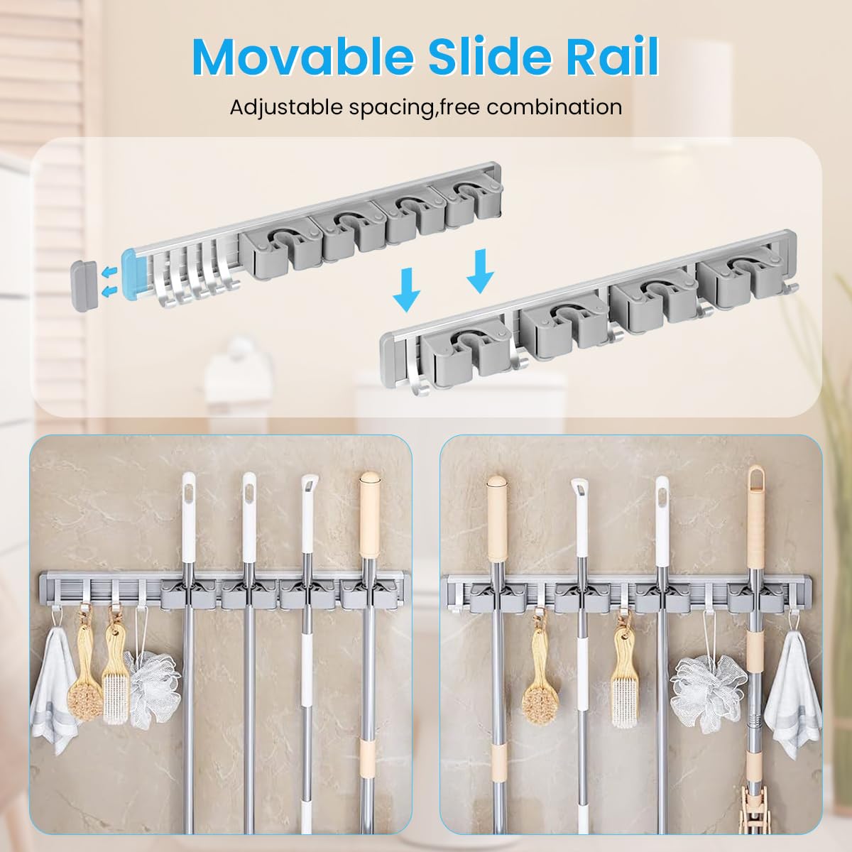 HASTHIP Wall Mounting Mop Broom Holder 4 Slots & 5 Hooks Space Aluminum Broom Organizer Nail-Free Installation Mop Holder for Home, Office, Storage Rooms, Bathroom, Cleaning Room