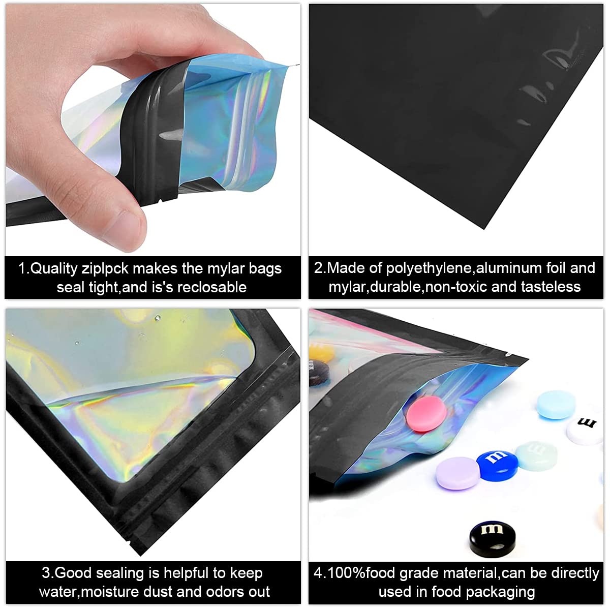 ELEPHANTBOAT Black Resealable Multifunctional Mylar Bags in 100 Pcs Smell Proof for Storing Food, Jewlery, Chocolate, Candy and Cookie with Size 10x18cm