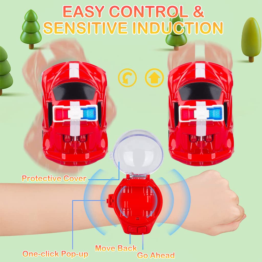 PATPAT Mini Remote Control Watch Car 2.4 GHz Cartoon Watch Car Toy, USB Rechareable Remote Control Toy Car, Wrist Racing Car Watch Cartoon RC Car Birthday Christmas Gift for Kids Boys Girls-Red