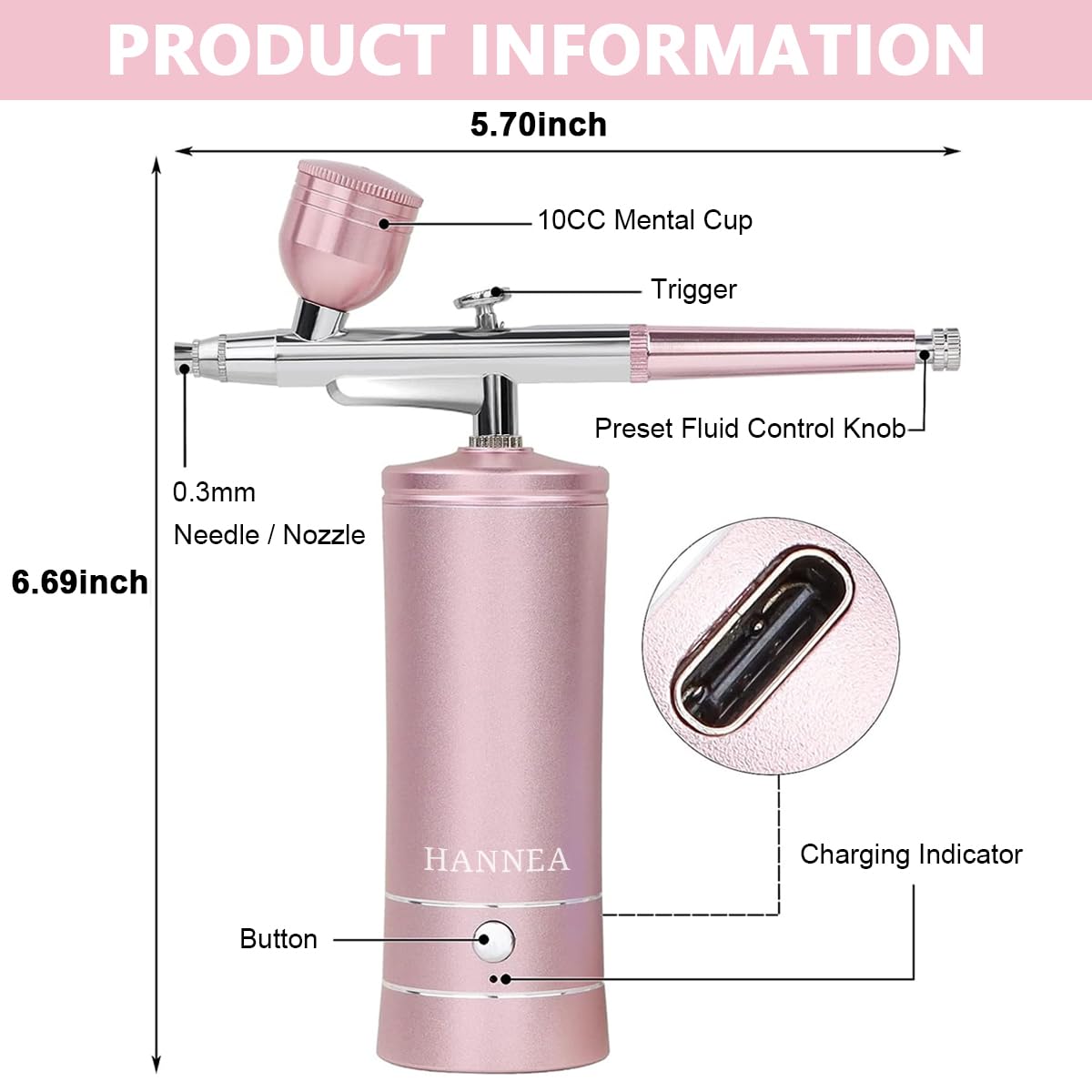 HANNEA Airbrush-Kit Rechargeable Cordless Airbrush Compressor - Handheld Airbrush Gun, Airbrush Set Portable Wireless Air Brush for Barber, Nail Art, Cake Decor, Makeup, Model Painting