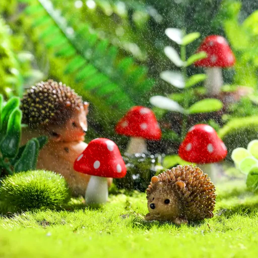 HASTHIP 6PCS Fairy Outdoor Garden Animals Figurines Outdoor Fairy Wild Garden Accessories Resin Hedgehogs and Wood Mushroom Miniature Garden for Plant Pots Bonsai Craft Decor Fairy Wild Garden