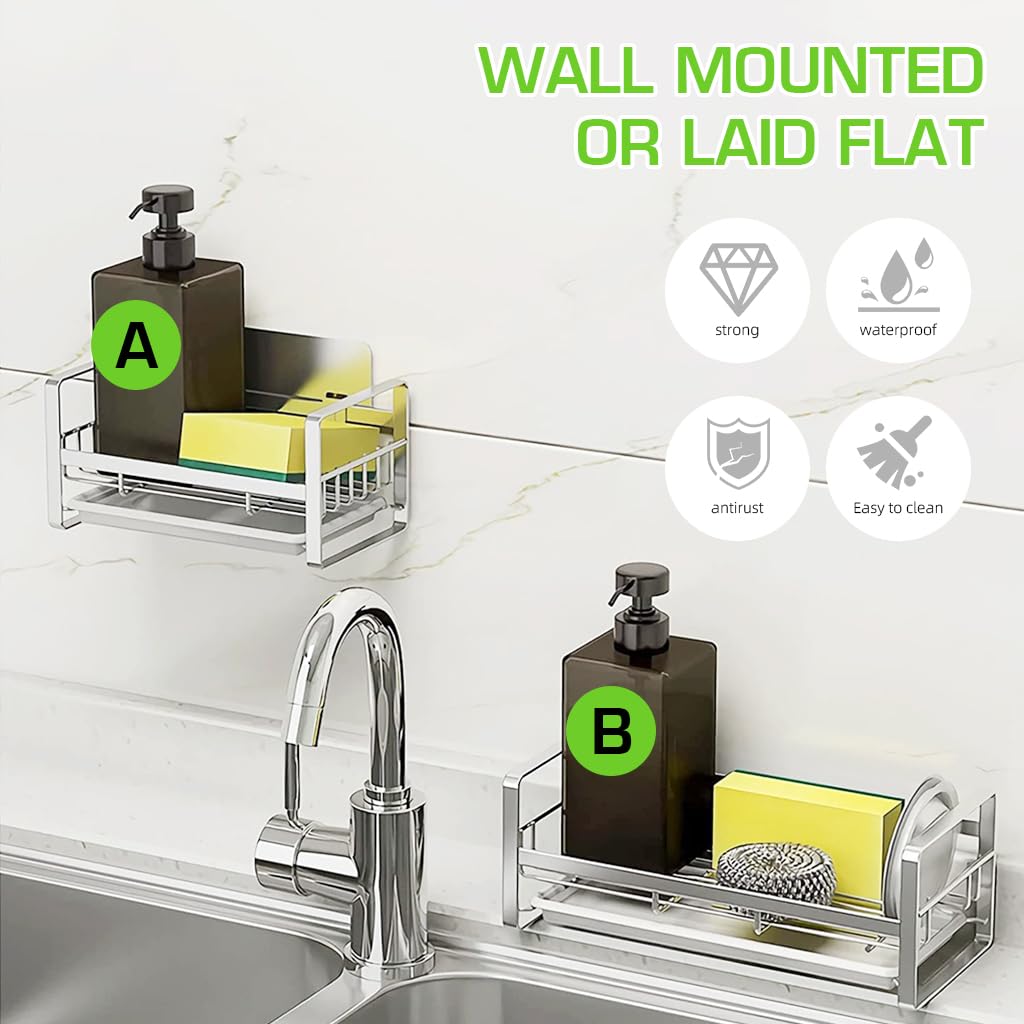 ZIBUYU Sink Organiser in Kitchen Stainless Steel Soap Holder for Kitchen Flat And Wall Mounted Sink Dish Drainer Basket Kitchen Organiser with Detachable Drainage Tray