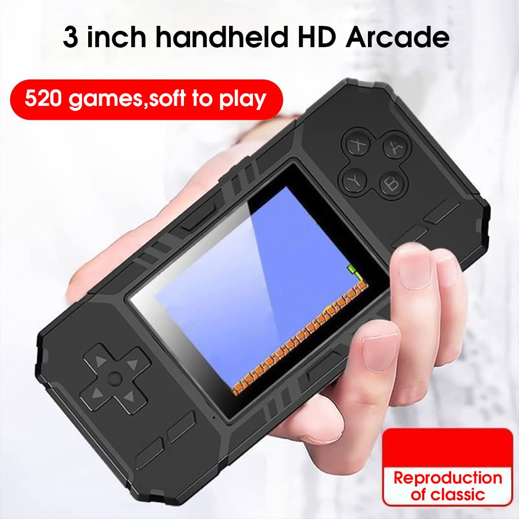 PATPAT Video Game Console for Kids Adults, 3'' Large Screen Built-in 520 HD Classic Retro Video Games, USB Rechargeable Electronic Game Player Gifts for Kids Birthday Christmas Gift Black
