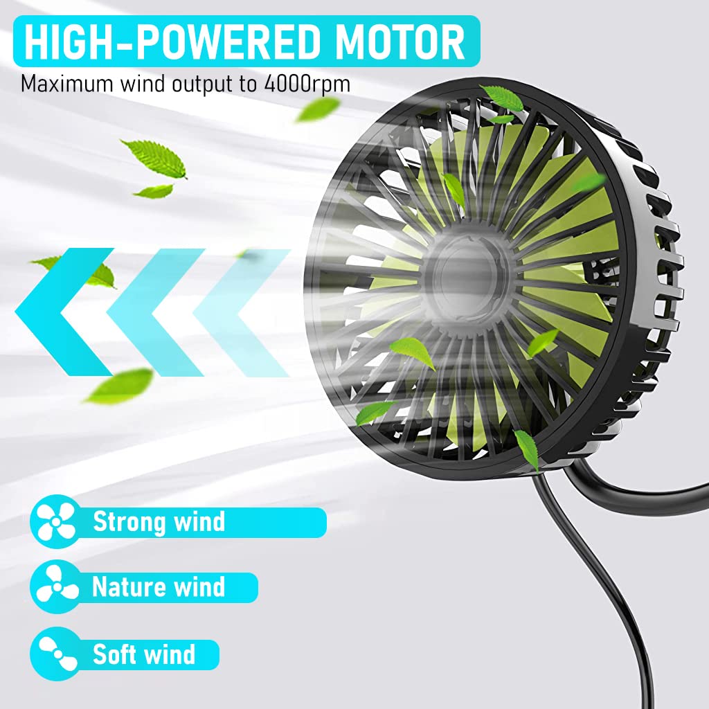 Verilux USB Fan for Car Back Seat, Headrest Mounted 5V USB Mini Fan with 3 Speed, USB Fan with Flexible Arm, Switch Controller, USB fan for Baby, Back Seat Passengers, Plug and Play