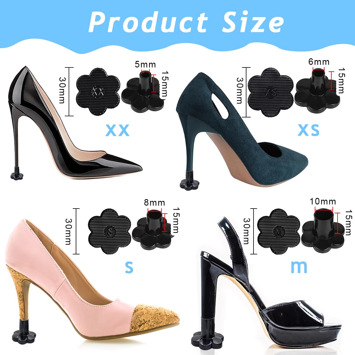 MAYCREATE 4 Pairs Heel Cover for Women 4 Sizes Floral-shaped Flat Bottom Protective Heel Caps, High Heel Protectors Heel Stopper for Walking on Grass and Uneven Floor