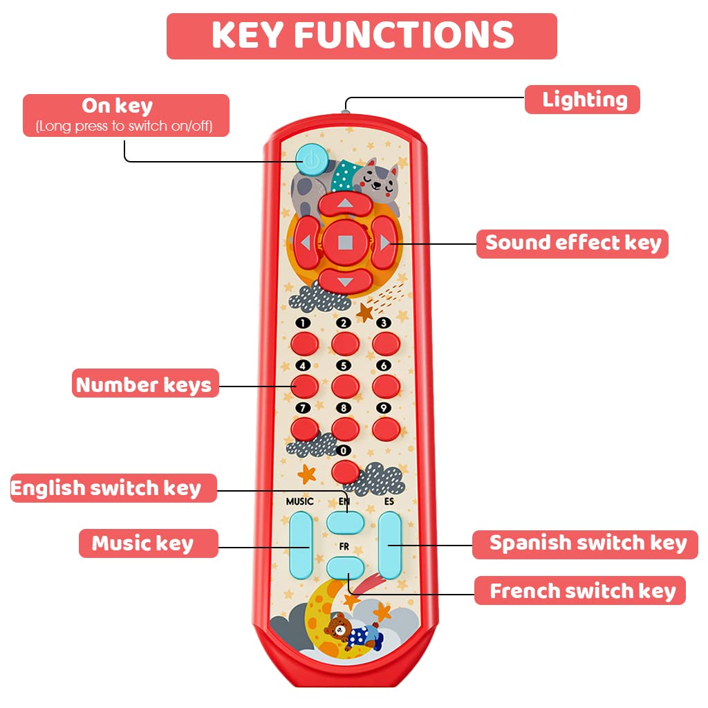 PATPAT Remote Control Toys for Babies Three Language Musical Light Toy Remote, Montessori Learning TV Remote Toy, Soothing Toy, Sensory Toy, Educational Toys for 6 Months+ Toddlers Boys Girls (Pink)