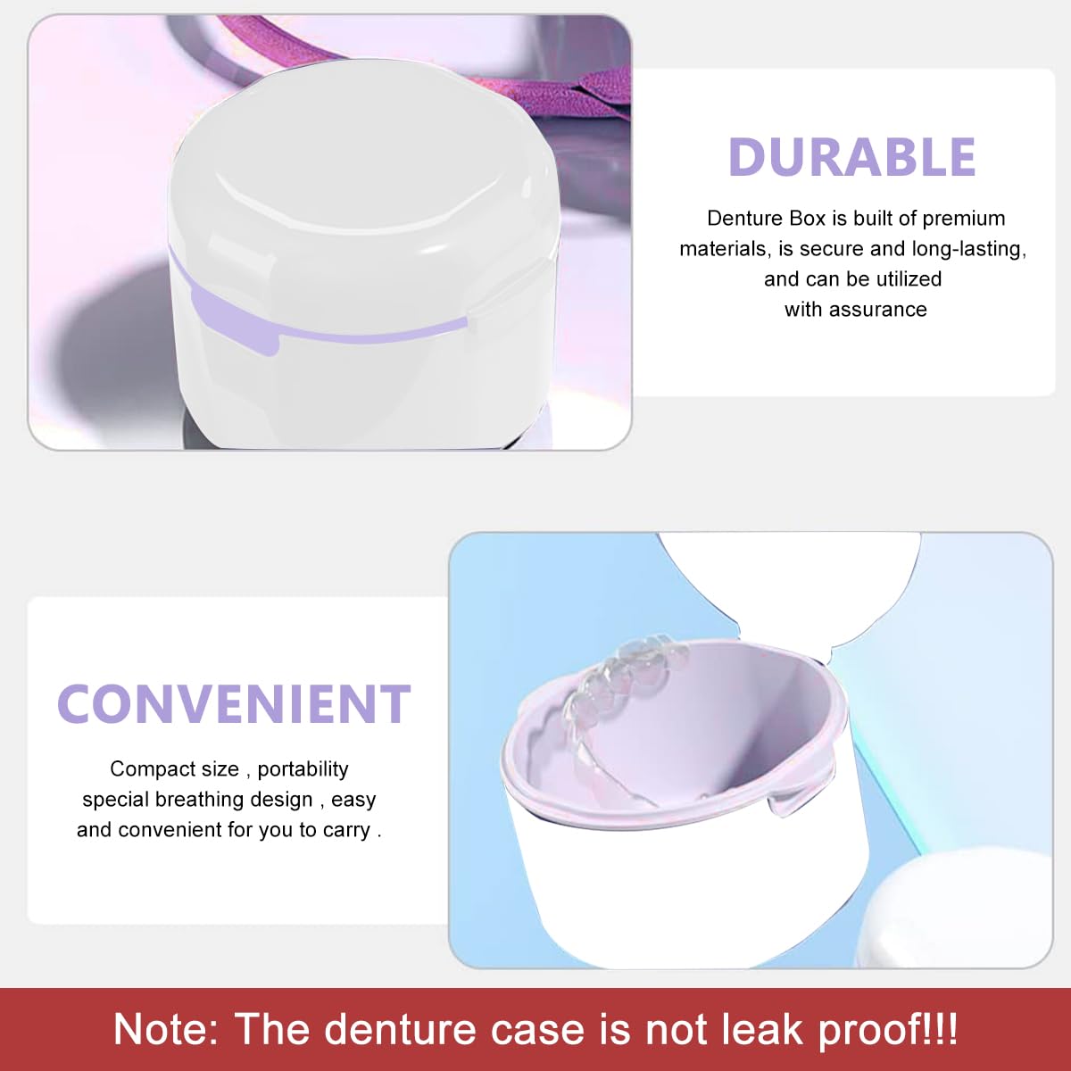 HANNEA Denture Bath Case, Retainer Holder with Strainer Basket, False Teeth Storage Cup Mouth Guard Storage Soak Container for Travel Cleaning, White