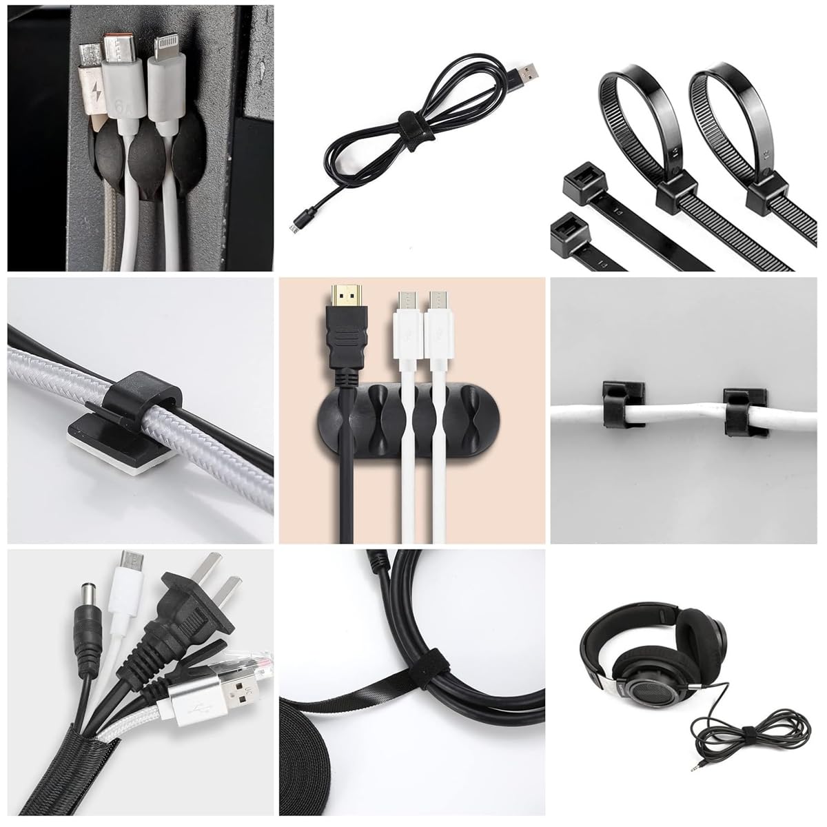 HASTHIP 173 Pcs Cable Management Organizer Kit with 4 Split Cable Sleeve, 47 Self Adhesive Cable Clips Holder, 10 Cable Ties, 10 Adhesive Wall Cable Tie, 100 Fasten Cable Ties, 2 x Roll Cable Ties