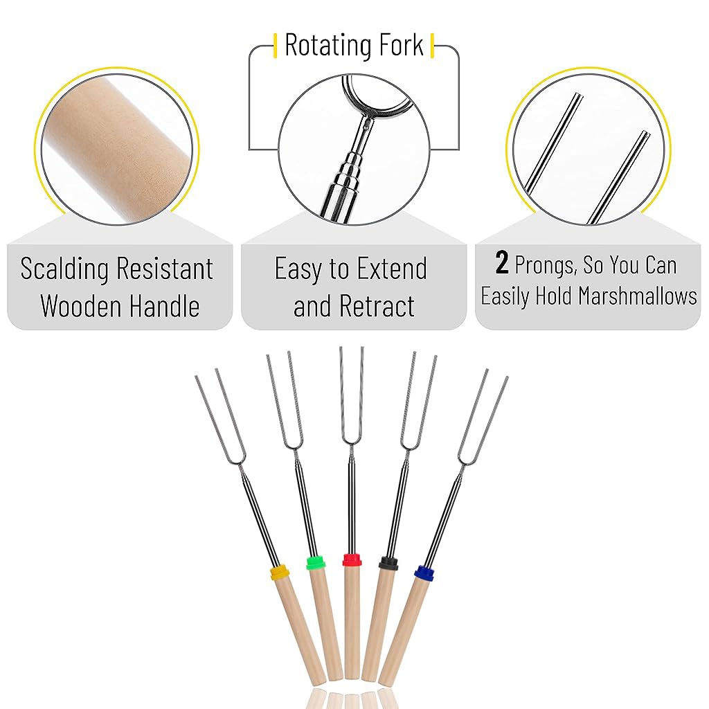 HASTHIP 5Pcs Barbeque Stick, 32'' Extendable Stainless Steel Skewers for Grilling, Portable Wooden Handle Roasting Stick, Campfire Sticks, Reusable BBQ Grill Stick for Cooking Tools