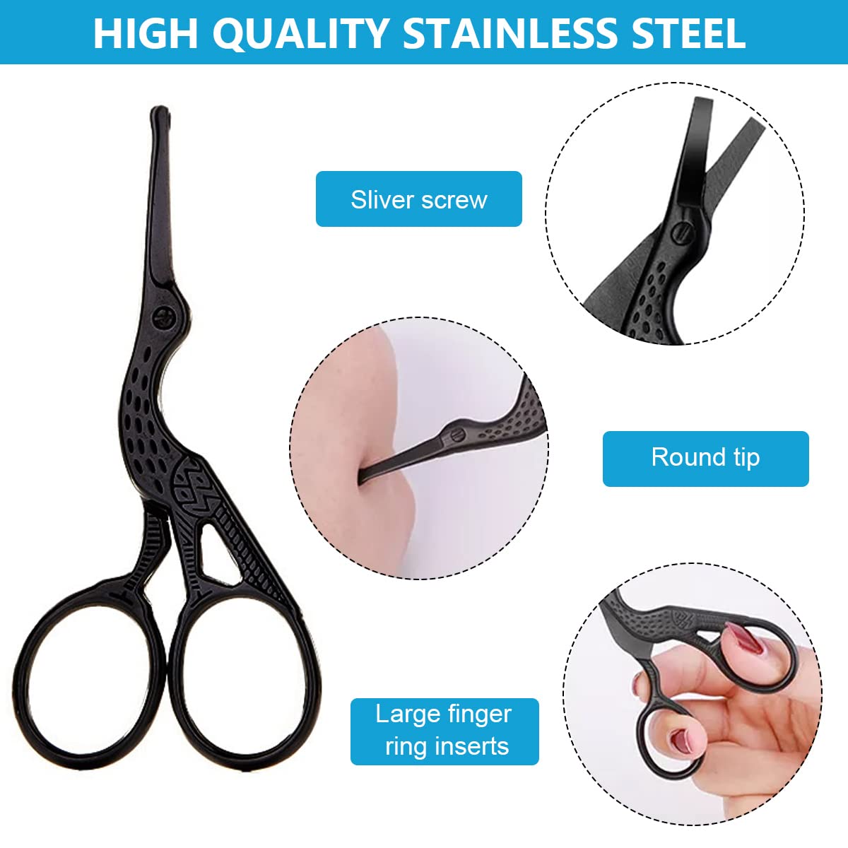 HASTHIP Black Safety Blunt Tip Creative Carved Crane, Small Beard Scissors & Nose Hair Trimmer Kit with Storage Box for Men, Women, Eyebrow, Facial Hair, Moustache