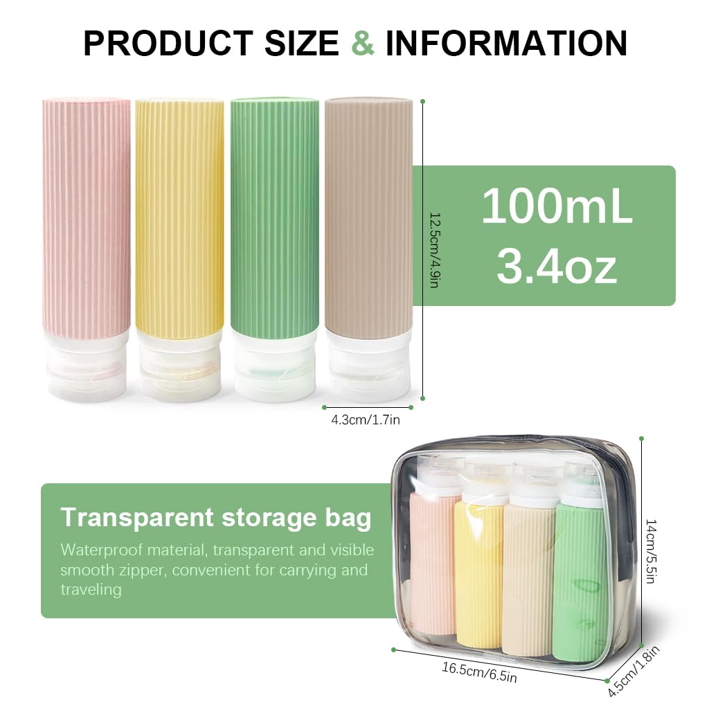 MAYCREATE 4Pcs 3oz Travel Bottles for Toiletries, Silicone Travel Bottle Kit for Toiletries, Squeeze Small Bottles for Travel, Refillable Leakproof Bottles for Shampoo Lotion, with Storage Pouch