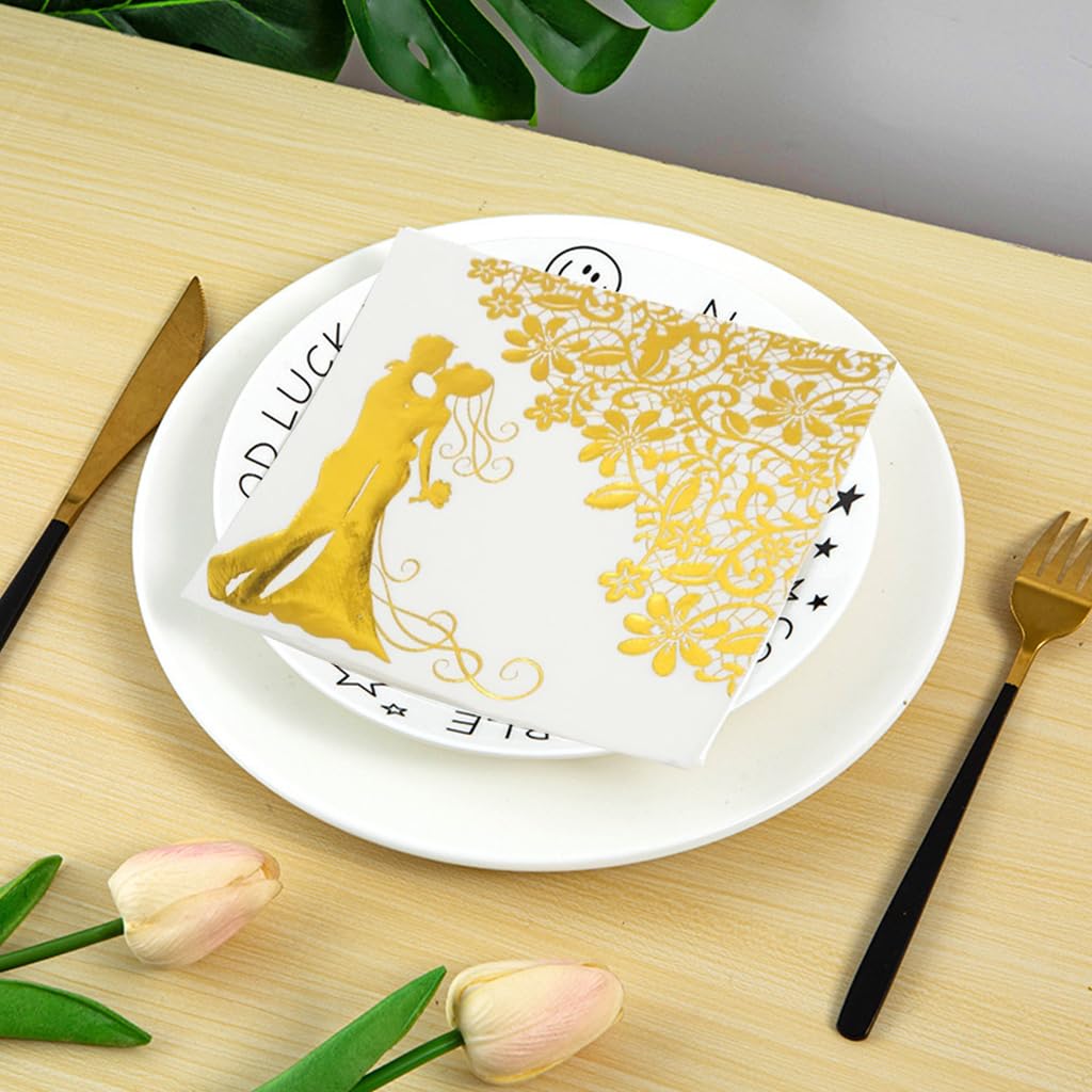 PATPAT 20Pcs Wedding Tissue Papers 12.9 inches Golden Embossing Couple Illustration Tissue Papers Wedding Table Setting Tissue Papers Romantic Tissue Paper Nature Wood Pulp Tissue Papers