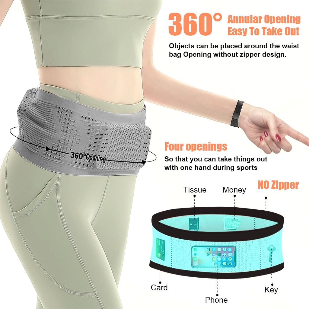 PALAY Slim Running Belt Bag with Hook Elastic Waist Bag for Keep Phone, Keys, Earbuds, Waist Bag with Large Capacity Running Waist Pack for Workouts, Exercise, Cycling, Travel, Grey