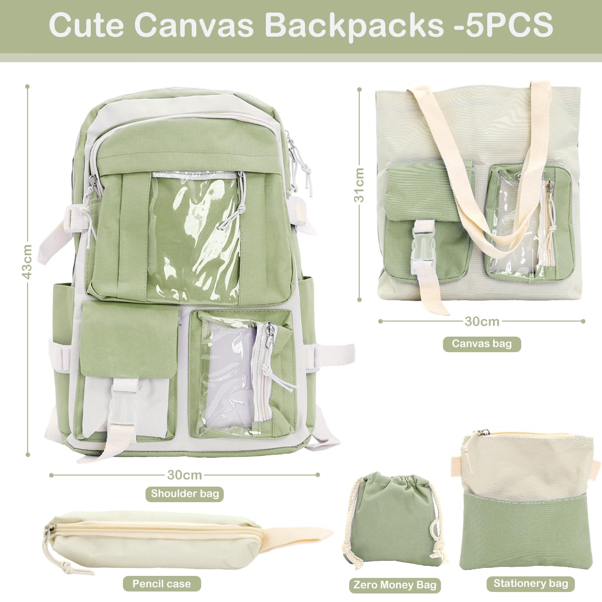 PALAY Cute Backpack for Girls Canvas Backpacks Set with Canvas Tote Bag Waterproof Multi-Pocket Kawaii School Backpack for Kids Laptop School Bag