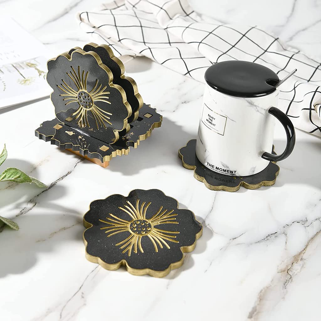HASTHIP 4 Pcs Resin Moulds with Stand Storage Mould for Make Coaster, Creative Floral Shape Silicone Moulds Epoxy Resin Art Kit for Resin Casting Coasters, DIY Crafts, Home Decor
